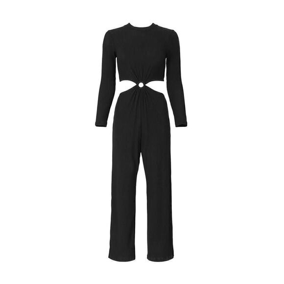 LNA Banx Jumpsuit Long Sleeve Side Cutout Straight Leg Rib Knit Black Large - Picture 5 of 12